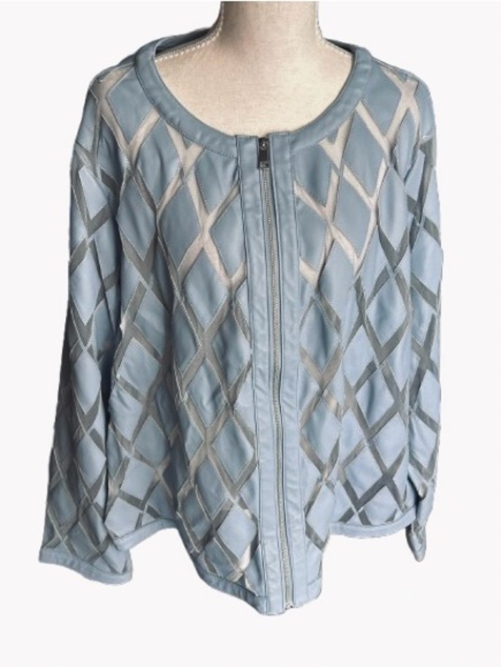 2X Plus COLLEEN LOPEZ Faux Leather Jacket Vegan Gray Blue Mesh Sheer Designer